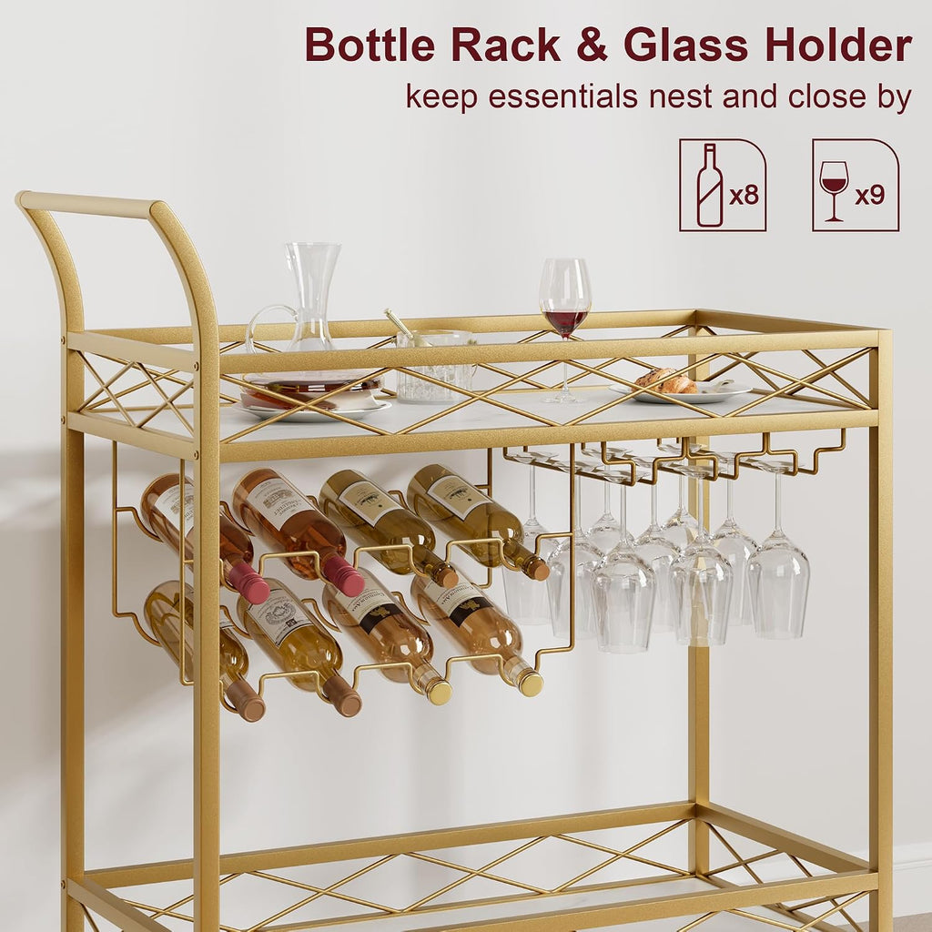 Gold Bar Cart, 2 Tier Bar Carts for The Home, Bar Carts with 4 Wheels, White Marble Finish Wood Shelf, Wine Rack &