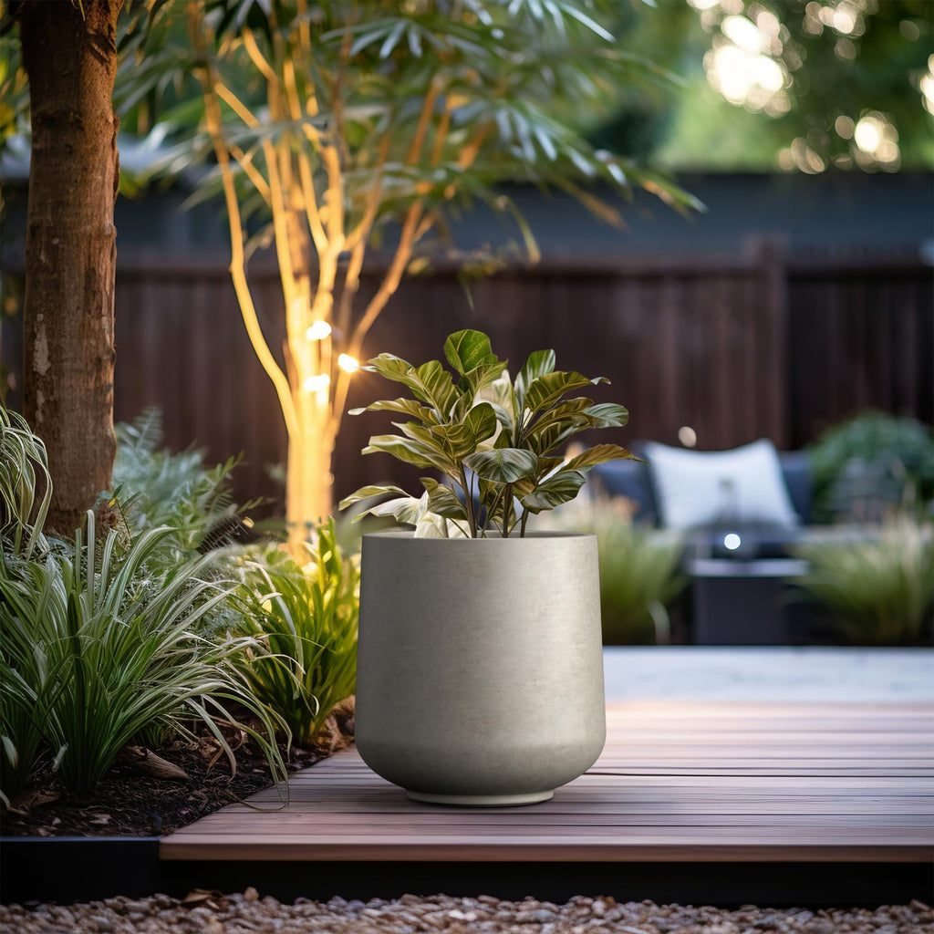 Large Round Curved Weathered Concrete Planter 16.5" Dia, Outdoor
