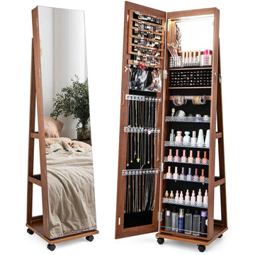 360° Rotating Jewelry Organizer, Lockable Jewelry Armoire (Walnut)