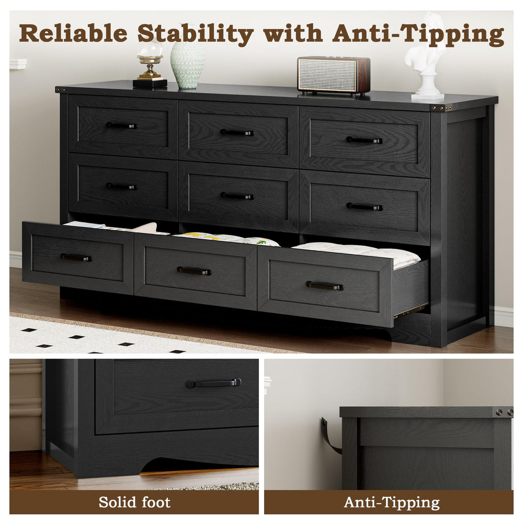 9-Drawer Dresser, Modern Wooden Chest of Drawers with Metal Handles, Anti-Tipping Design, Sturdy and Stable Storage