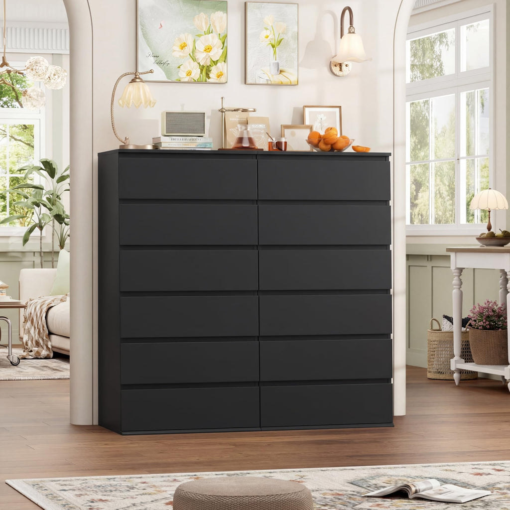 Black Dresser, 6 Drawer Dresser with Handleless Drawer Cabinet