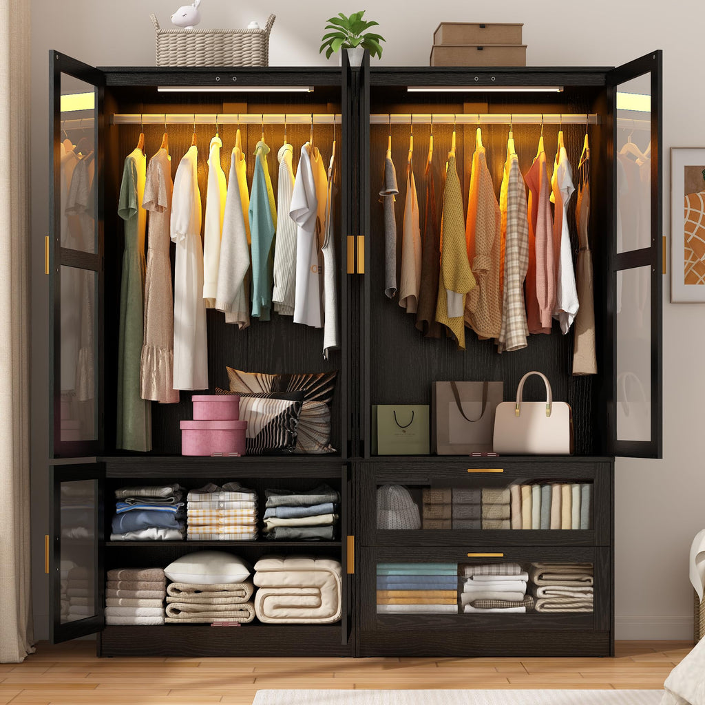 4 Doors Armoire Wardrobe Closet with LED and Mirror, 71" H Freestanding Wooden Wardrobe Closet Cabinet w 2