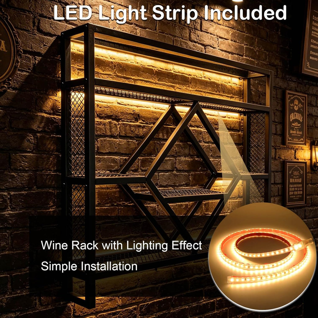 Wall Mounted Wine Rack with LED Light, 39.4in Industrial Metal Wine Bottle Display Shelf with Wine Glass Holder,Large