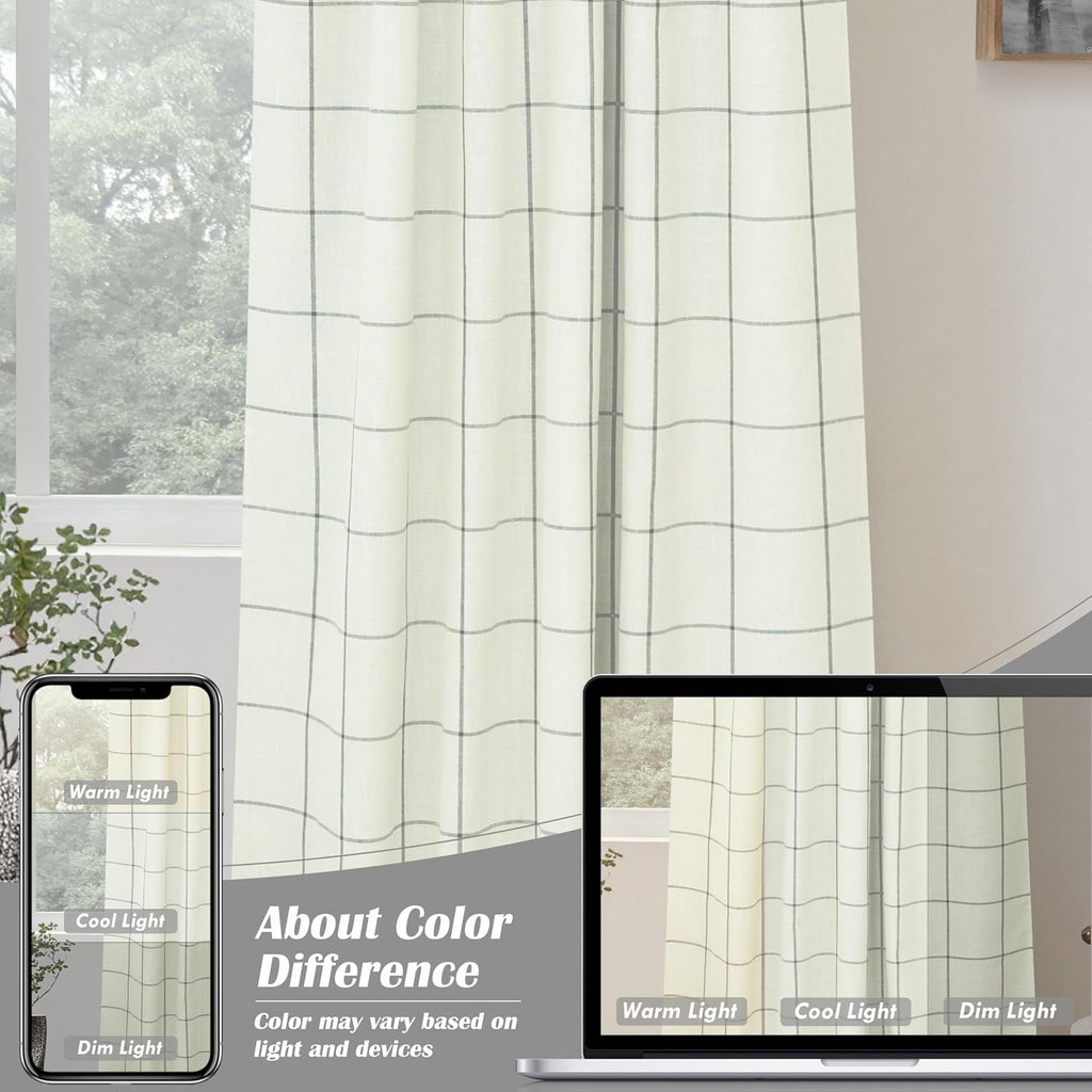 100% Blackout Windowpane Plaid Linen Curtains Double Layer Farmhouse Drapes 96 Inches Long for Living Room Bedroom