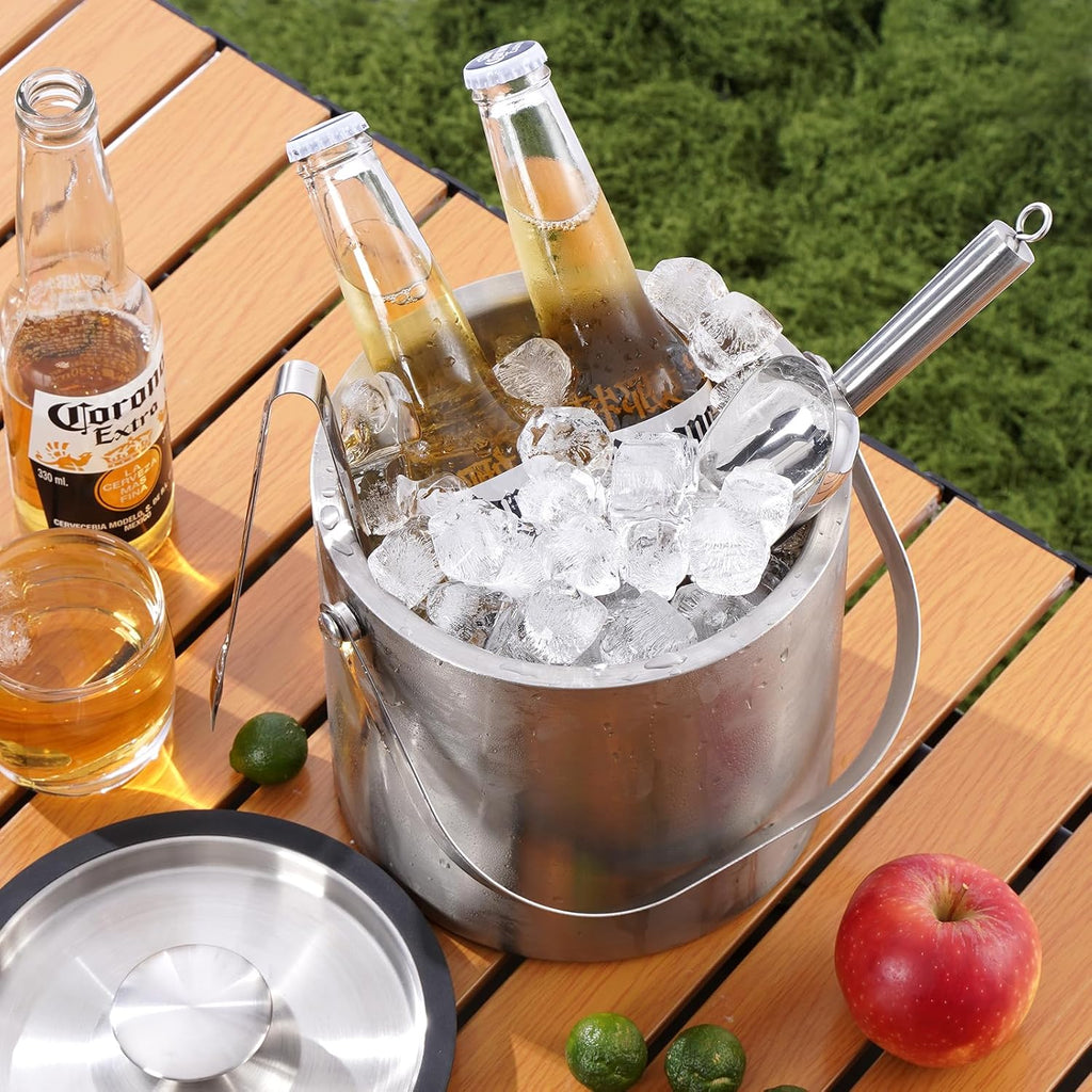 3L Stainless Steel Ice Bucket, Double Wall Insulated Ice Bucket with Lid, Drain Plate, Scoop, Tong for Parties