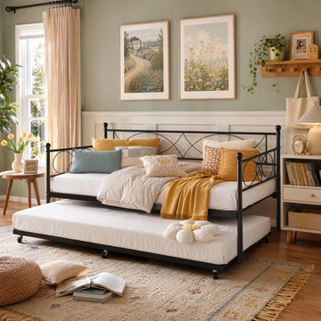 Twin Daybed with Trundle - Metal Day Bed with Pull Out Trundle, Trundle Bed Twin with Premium Steel Slat Support