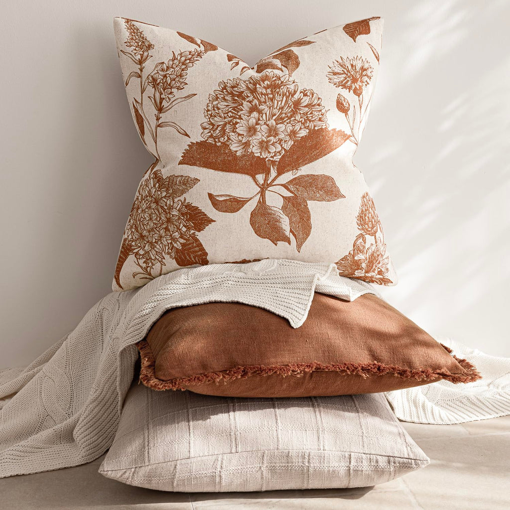 Decorative Linen Floral Throw Pillow Covers 20×20 Autumn Orange