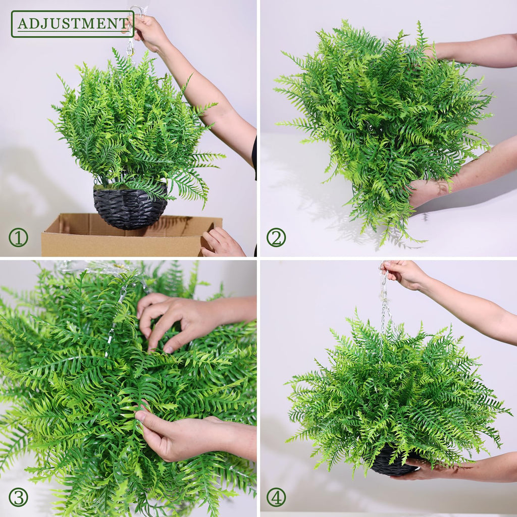 2 Sets Artificial Ferns Plant Hanging Basket for Front Porch Decor(Green)