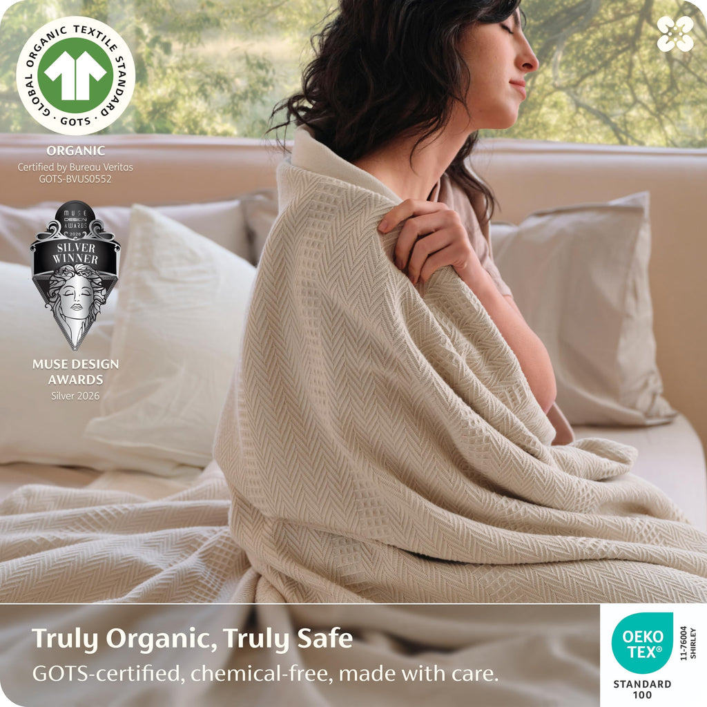 PureWoven 100% Organic Cotton Waffle Bed Blanket, Warm Beige