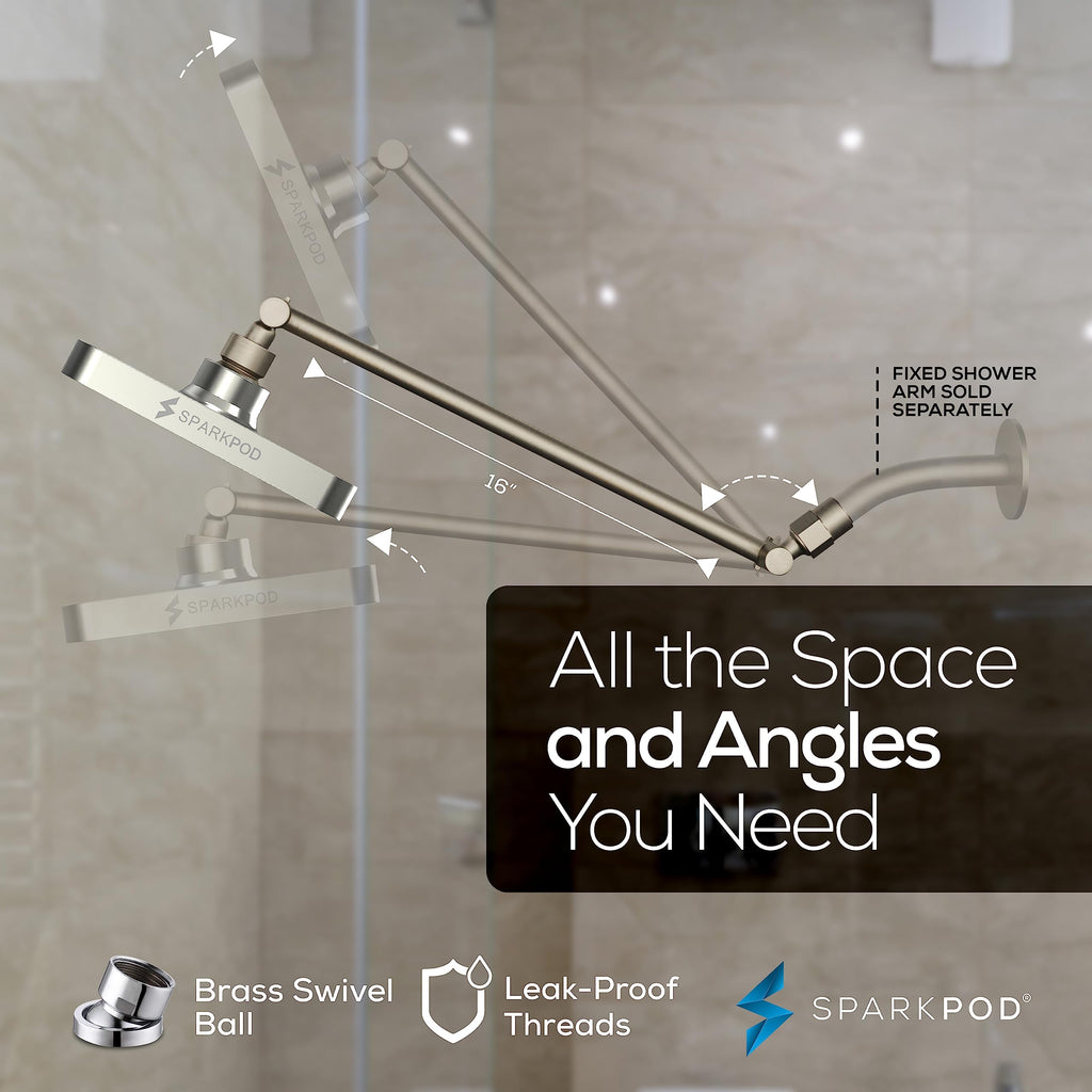 Square Rain Shower Head with Extension Arm - Height Adjustable Shower Head with High Pressure Performance - Easy