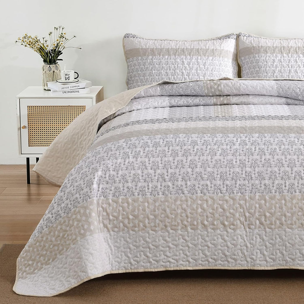 Beige Quilt King, Bohemian Stripe Quilt Sets 3 Pieces Boho Quilted Bedspread Set Lightweight Microfiber Coverlet
