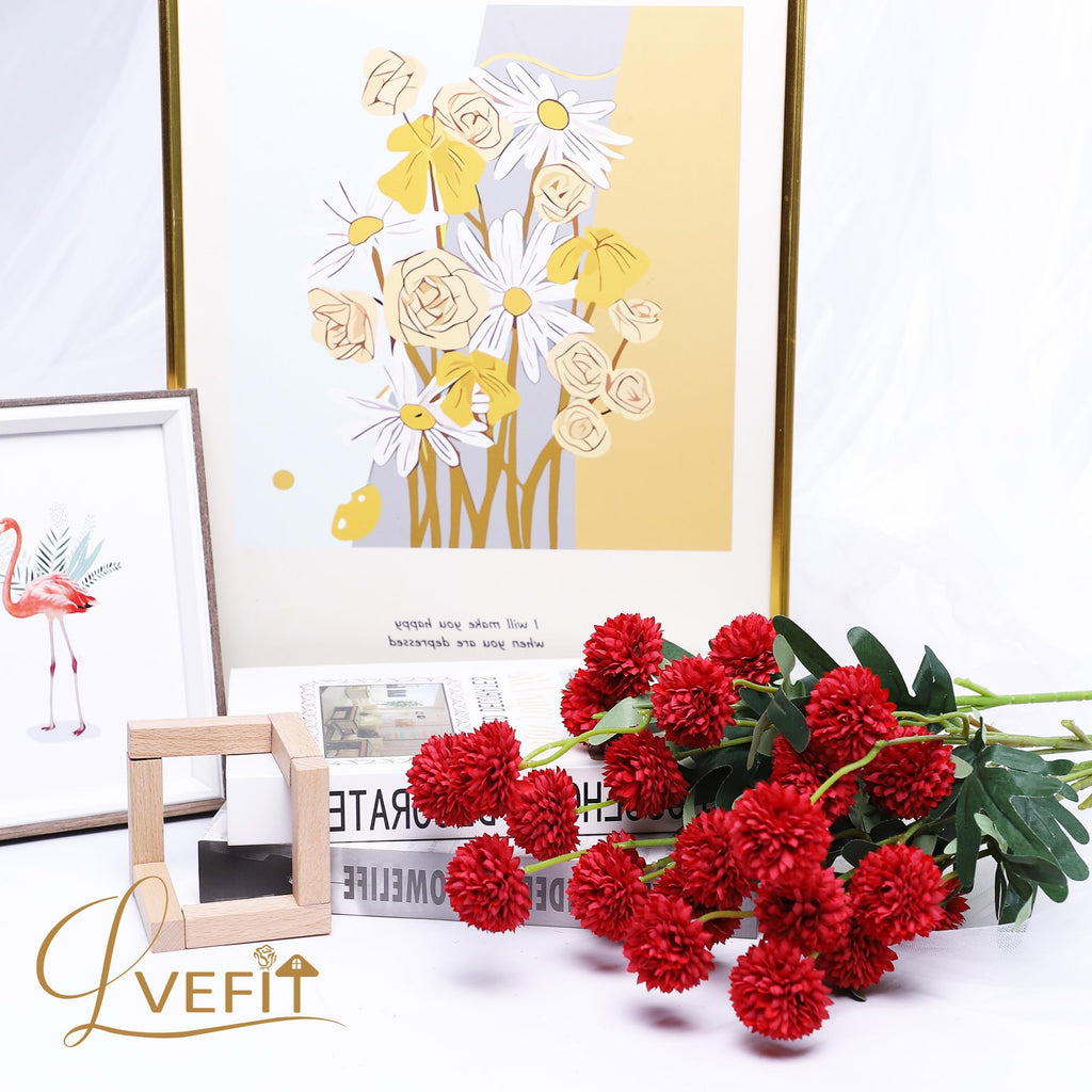10 Pcs Red Kiku Flower Fake Mums Long Stem Flowers, Faux Kiku Flower Bulk, Silk Flowers Mini Chrysanthemum Floral