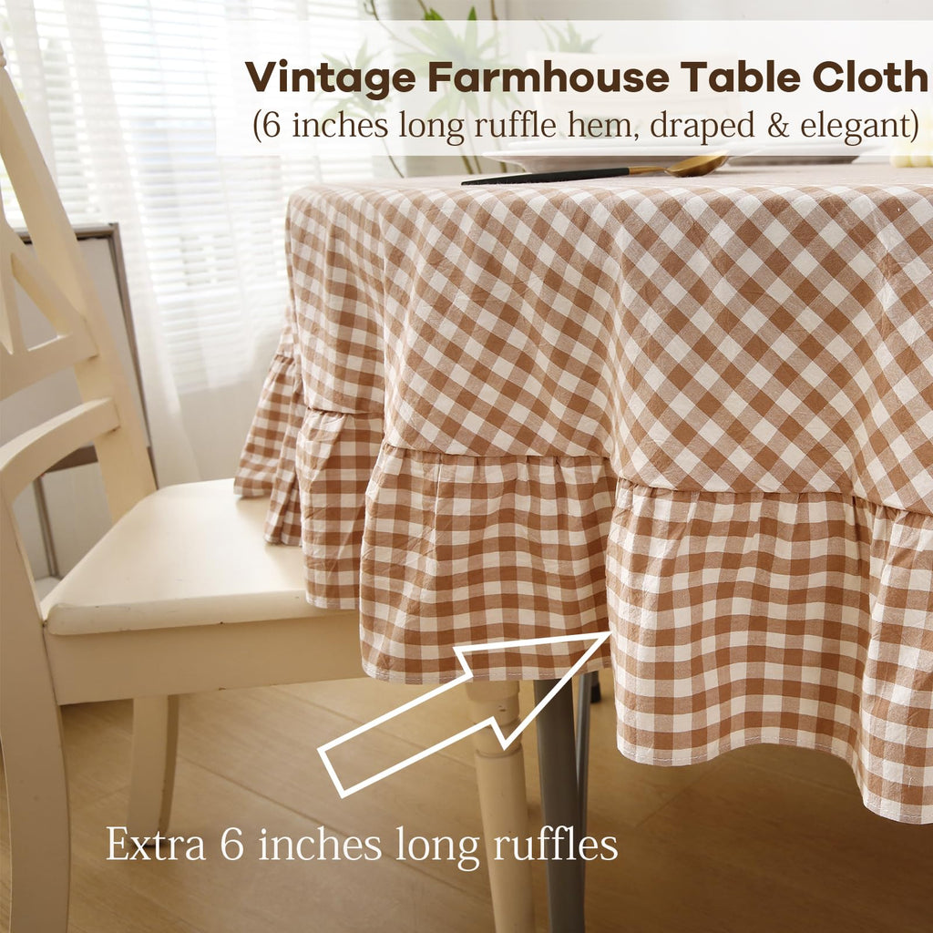 Taupe White Gingham Tablecloth Round Dia.90"