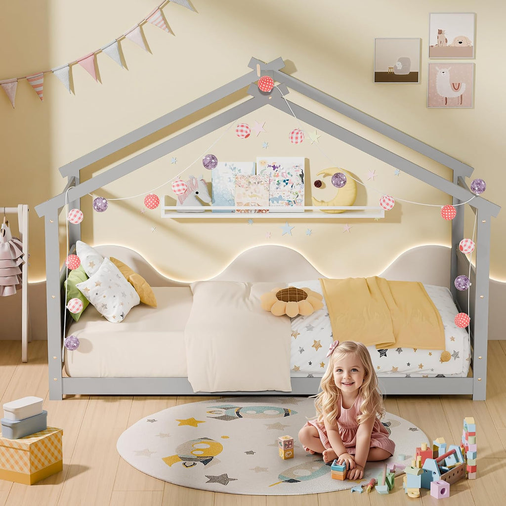 House Bed, Montessori Floor Bed for Toddlers, Wooden Kids Floor Bed Frame with Roof, Low Toddler House Bed for Boys