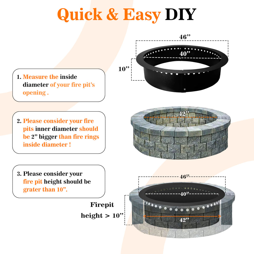 Smokeless Fire Pit Insert 46" - Steel Foldable Round Fire Pit Ring with Air Vents and Coller Support - DIY Fire Ring
