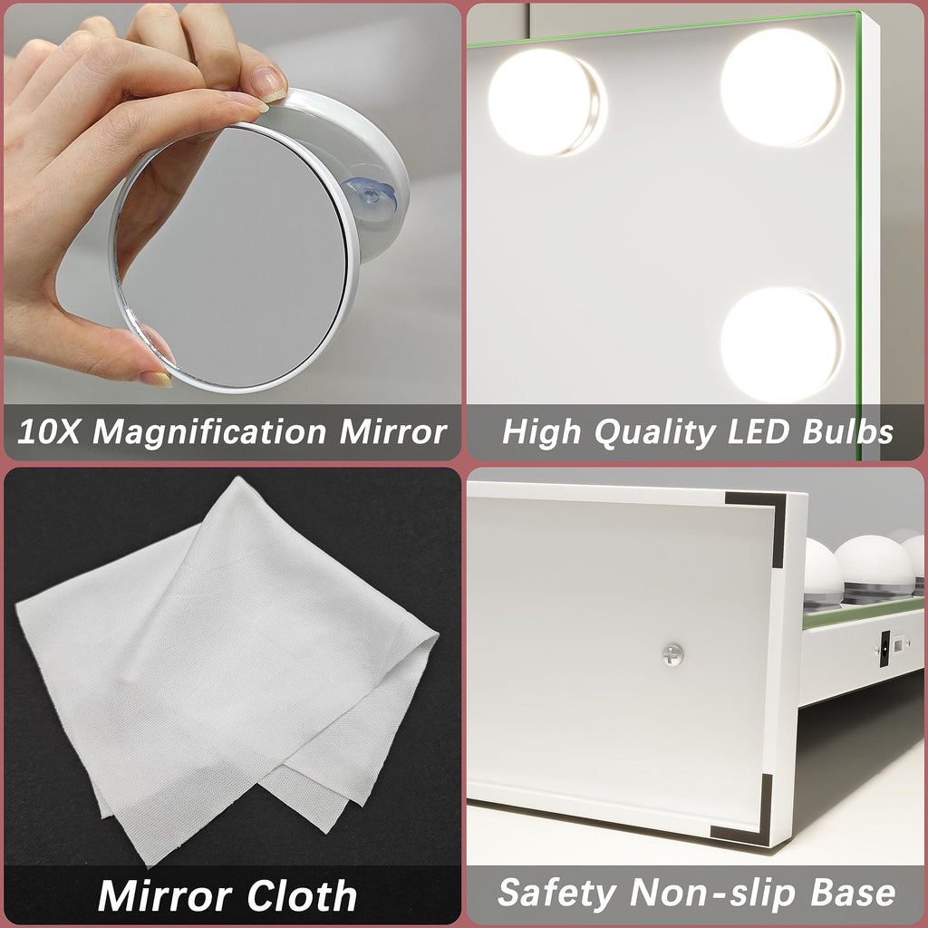 32"x24" Hollywood Vanity Mirror with Lights, 15 Dimmable LED Bulbs, 3 Color Modes, 10X Magnification, USB Charging