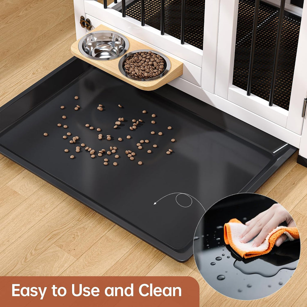 31.5" Dog Crate Furniture with Detachable Tray & 360° Rotating Feeder