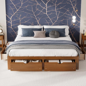Solid Wood Floor King Bed Frame with Storage Drawers No Headboard(Walnut)