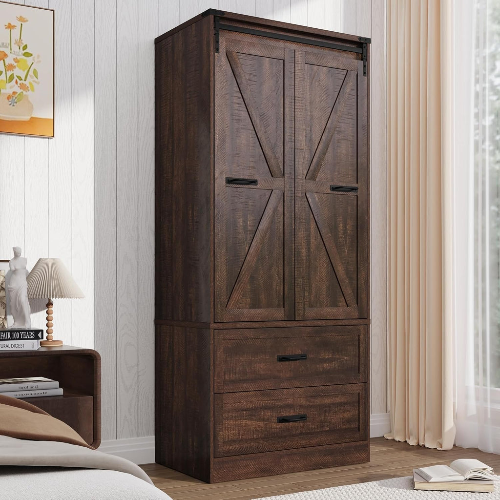 Farmhouse 2 Doors Armoire Wardrobe Closet w/ Folding Sliding Barn Door and Lights, LED Armoire Closet w/Drawers
