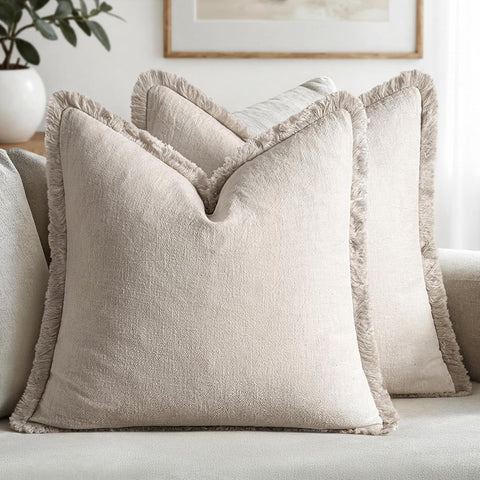 Decorative Throw Pillow Covers Neutral Linen Fringe Throw Pillows Set of 2 Natural Beige Boho Farmhouse Cushion Cases