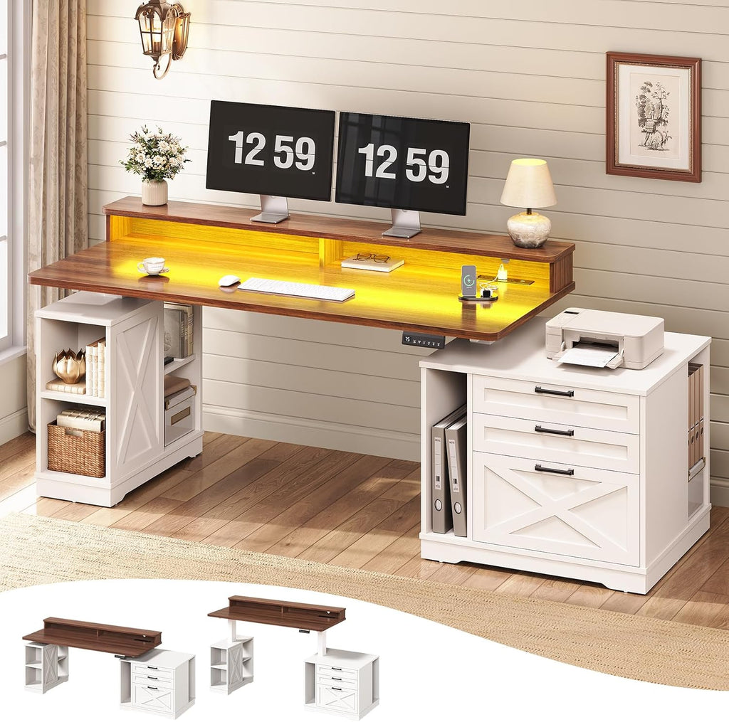 Farmhouse Electric Standing Desk, 55" Height Adjustable Computer Desk with 3 Drawers, File Cabinet, Storage Shelves
