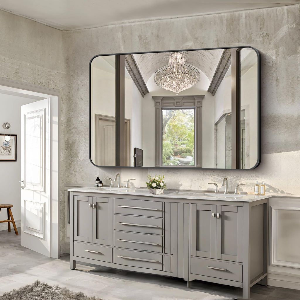 Large Bathroom Mirror 60" x 40", Black Rectangle Metal Framed Rounded Corner Wide Wall Mounted Mirror Bedroom