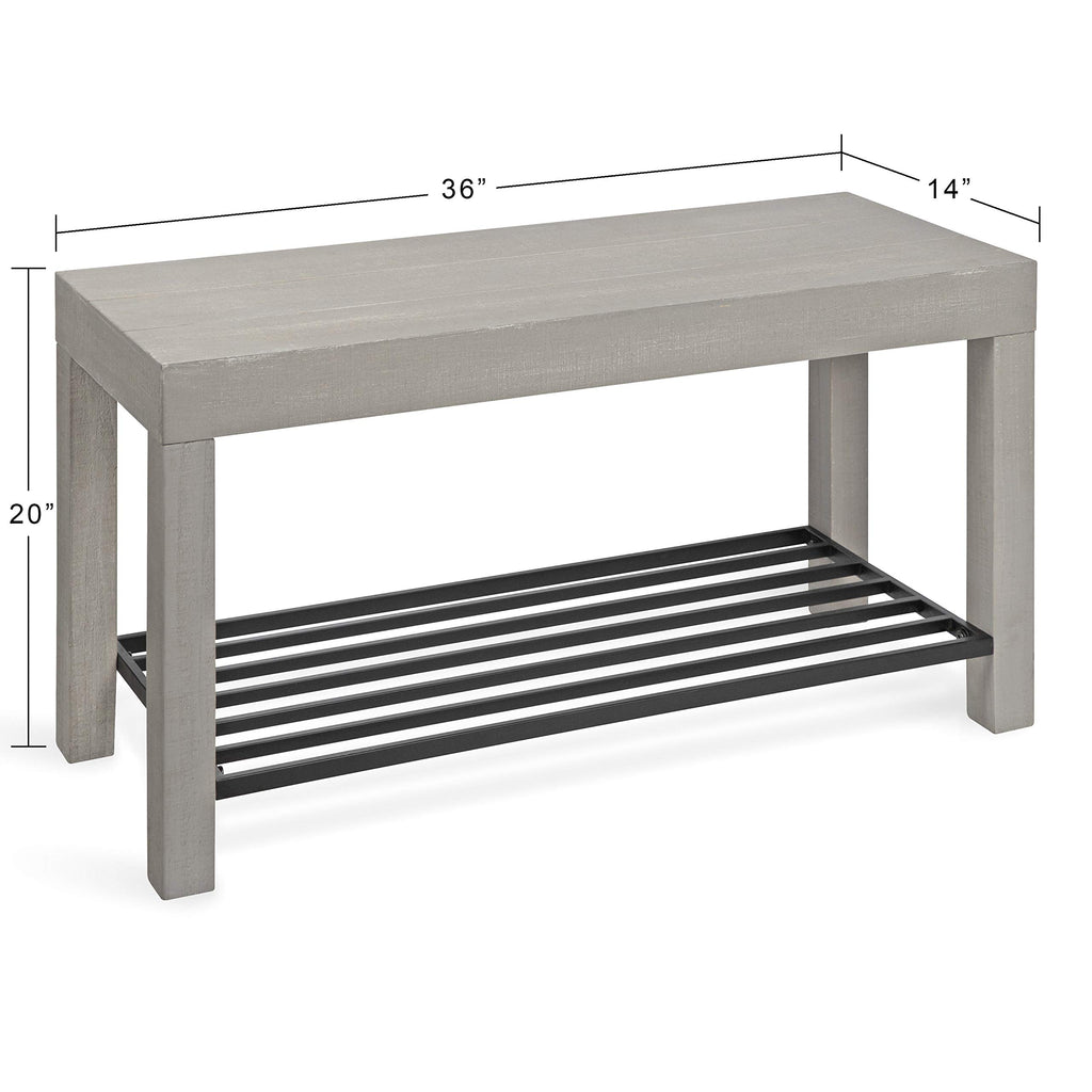 Jeran Rustic Farmhouse Bench with Iron Shoe Shelf, 36" x 14" x 20", Gray, Chic Entry Bench for Decor or Storage