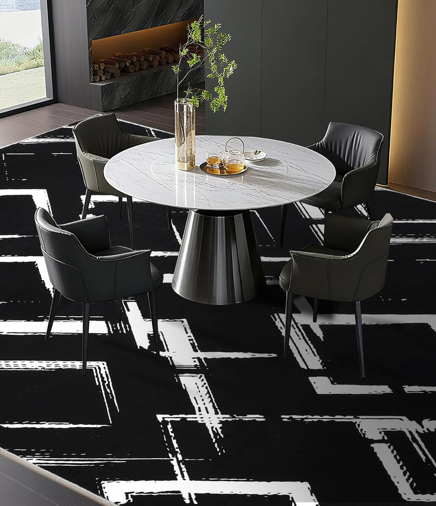 Black Modern Geometric Area Rug 8x10, Black and White Rug with Abstract Diamond Patterns,Non-Shedding Washable Rugs