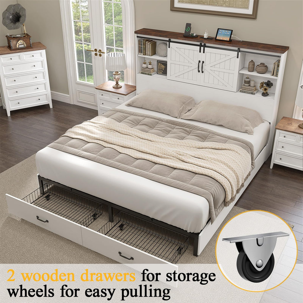 Farmhouse Bed Frame with 51.2" Bookcase Headboard, Wooden Platform Bed with 2 Drawers, Sliding Barn Door