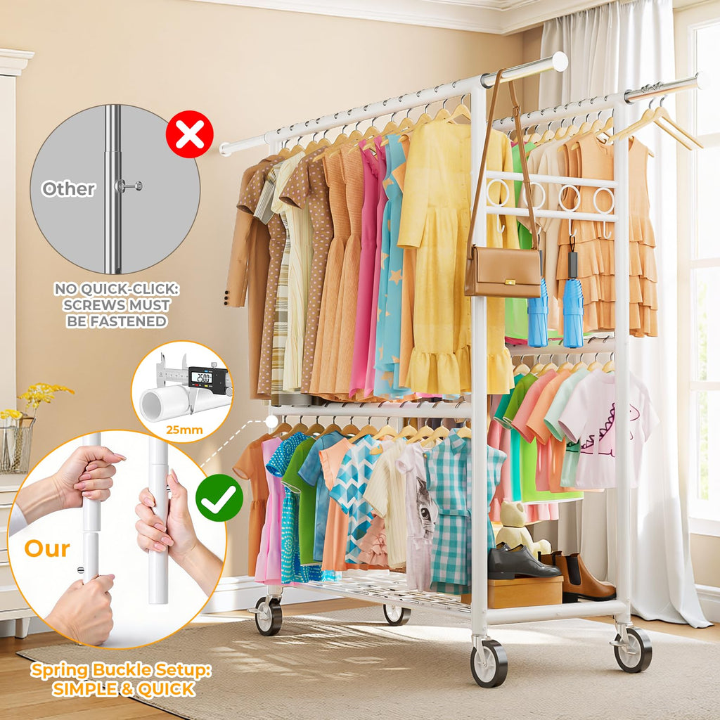 Heavy Duty Clothes Rack Load 1060LBS, Four Rods Rolling Clothing Racks for Hanging Clothes, Rolling Garment Rack With