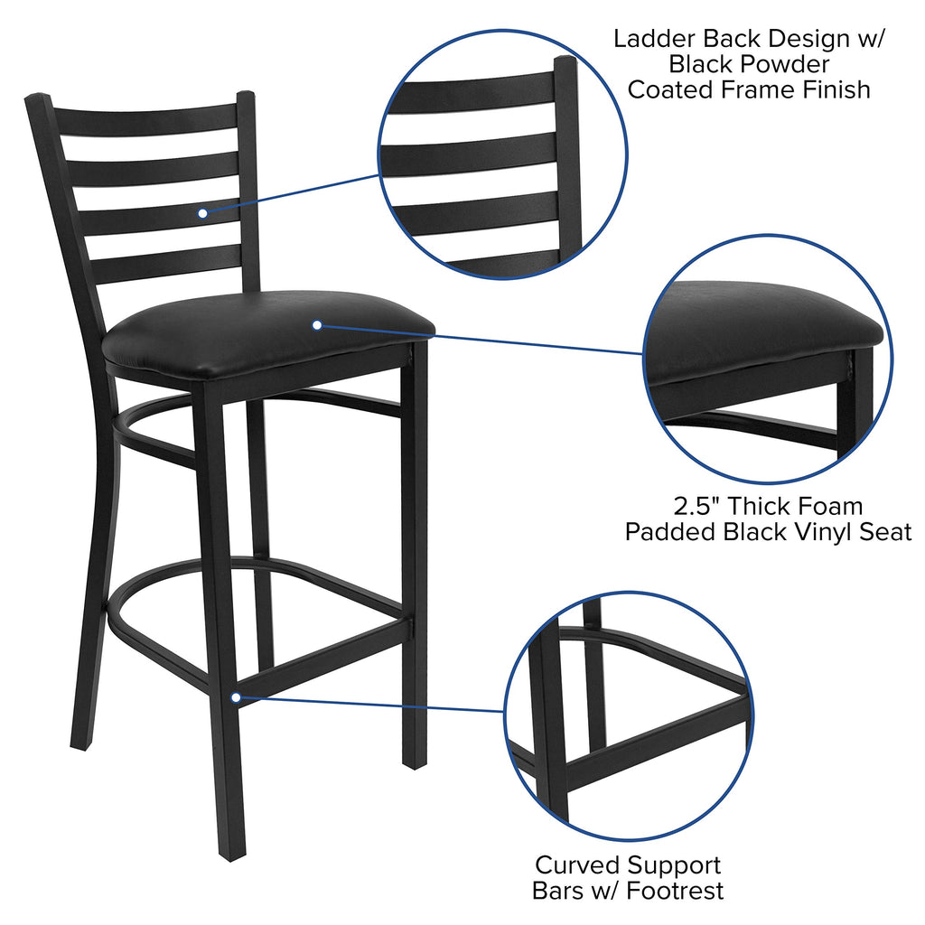 Ladder Back Restaurant Barstool, Black, 2-Pack
