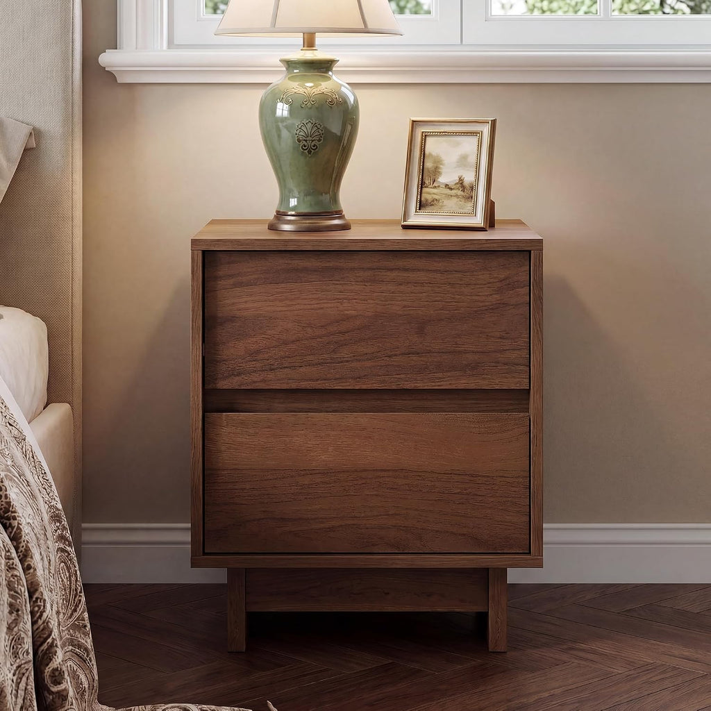 2 Pcs Walnut Nightstand Set for Bedroom, 2 Drawer Bedside End Table