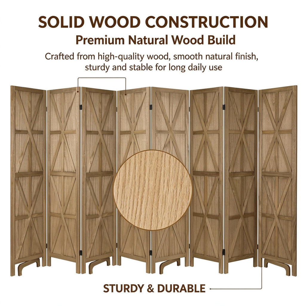 8 Panel Wooden Room Divider, 67" Tall Folding Privacy Screen, Natural