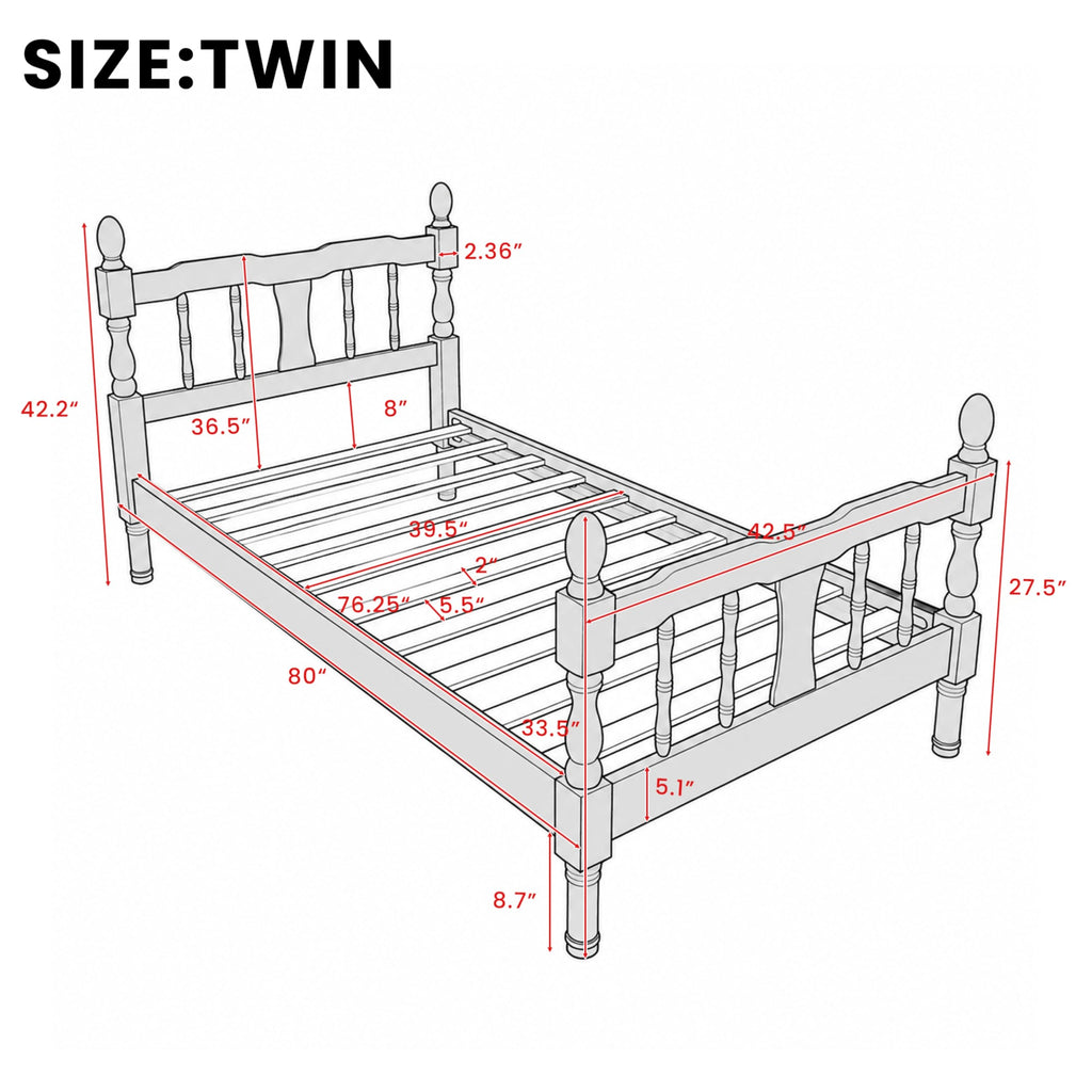 Platform Bed with Spindle Headboard & Footboard, Farmhouse Spindle Bed Frame with Wood Slat Support, No Box