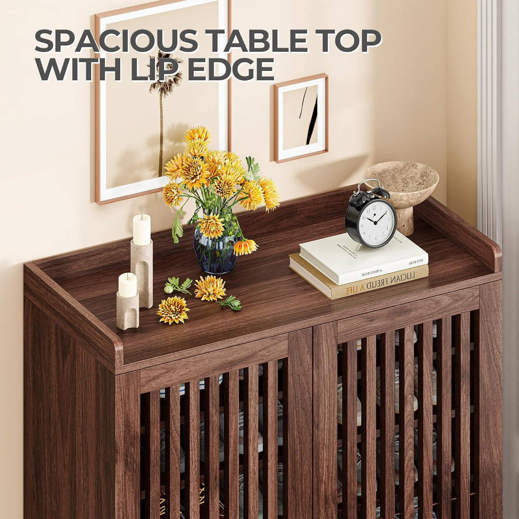 Shoe Cabinet with Slatted Doors, 6-Tier Shoe Storage Cabinet with Adjustable Shelves, Wooden Shoe Rack Organizer