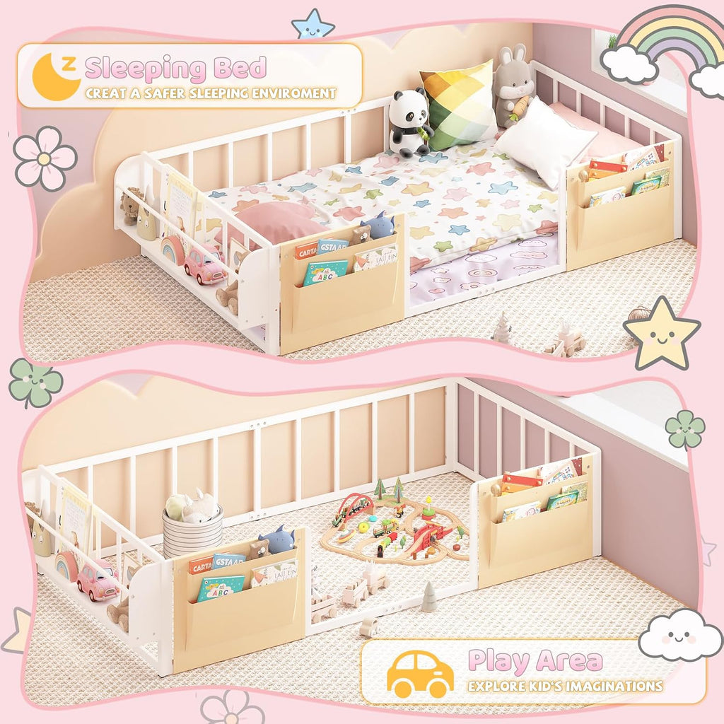Floor Bed for Kids with Safety Guardrails, Montessori Bed White