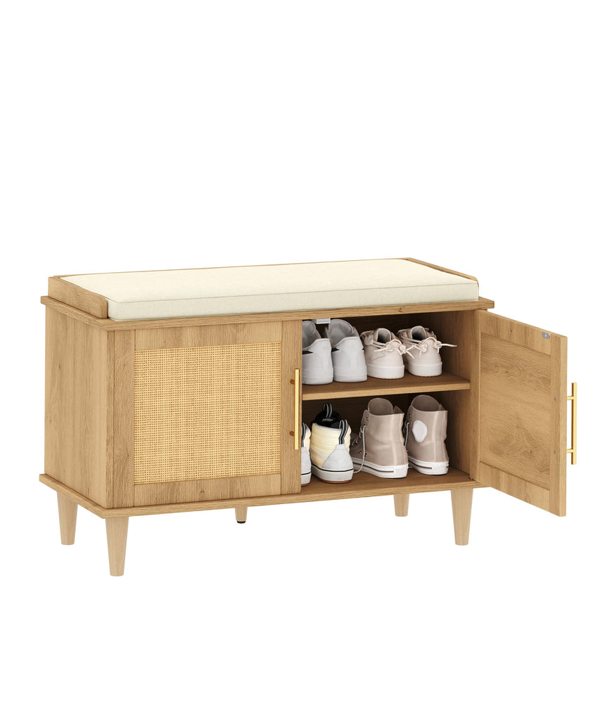 31.5" Rattan Shoe Storage Bench 2 Doors Wooden Entryway Bench Oak