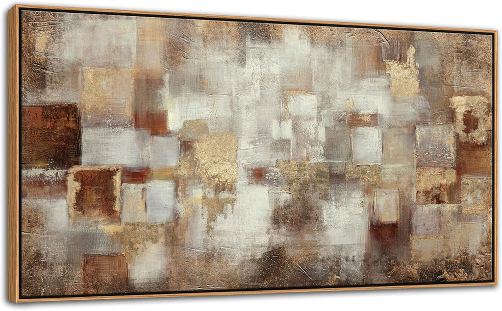 Brown Abstract Wall Art - Gold Canvas Wall Decor - Large Modern Grid minimalist Picture - Oil Painting Print Office
