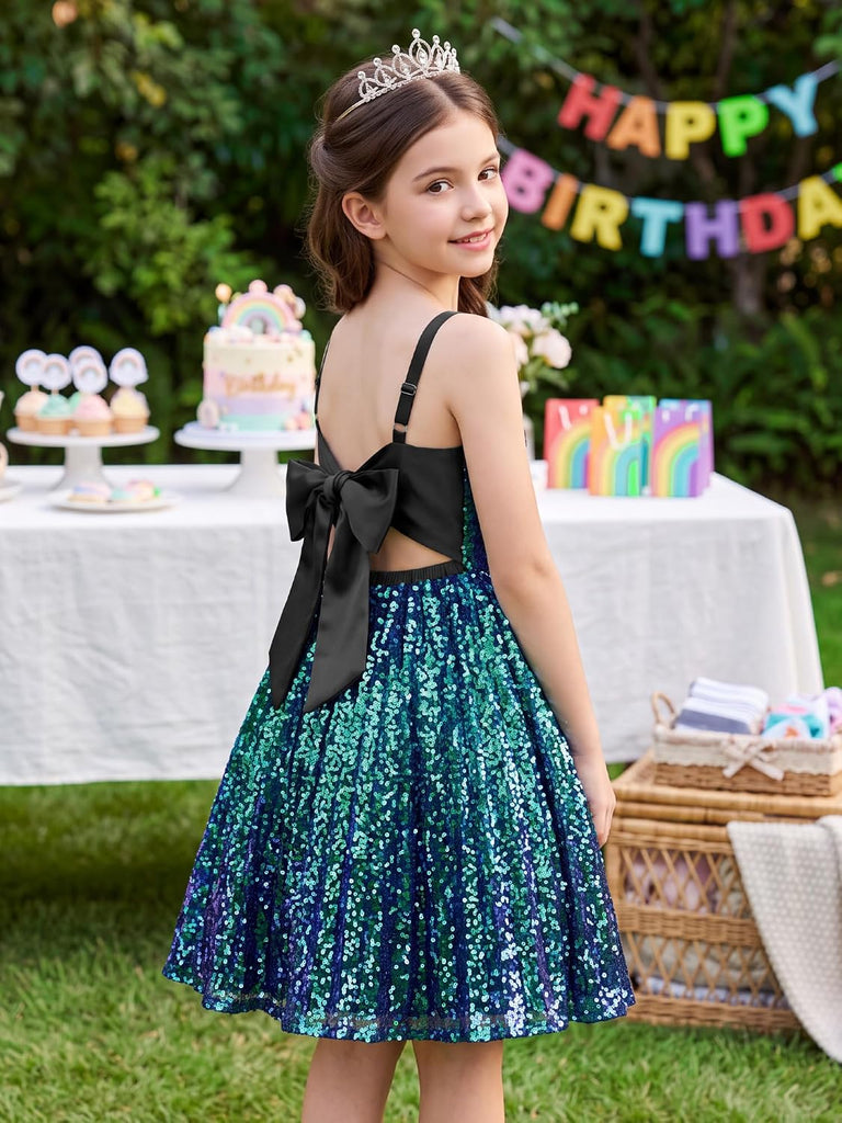 Girls Sequin Formal Dress Birthday Party Prom Tie Back Fancy Dresses