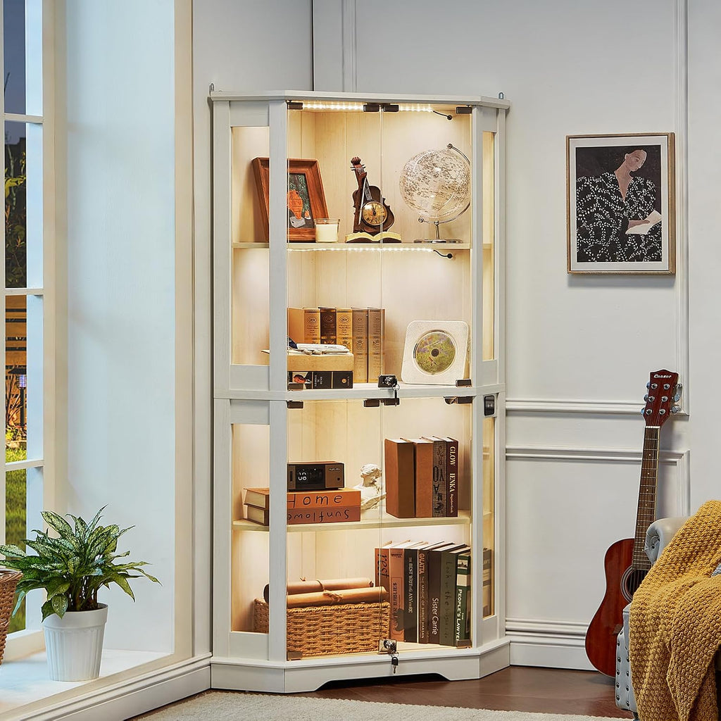 Farmhouse Corner Display Cabinet with Lock, White | Glass Display Cabinet with Doors, 3-Color Motion-Sensor Light &