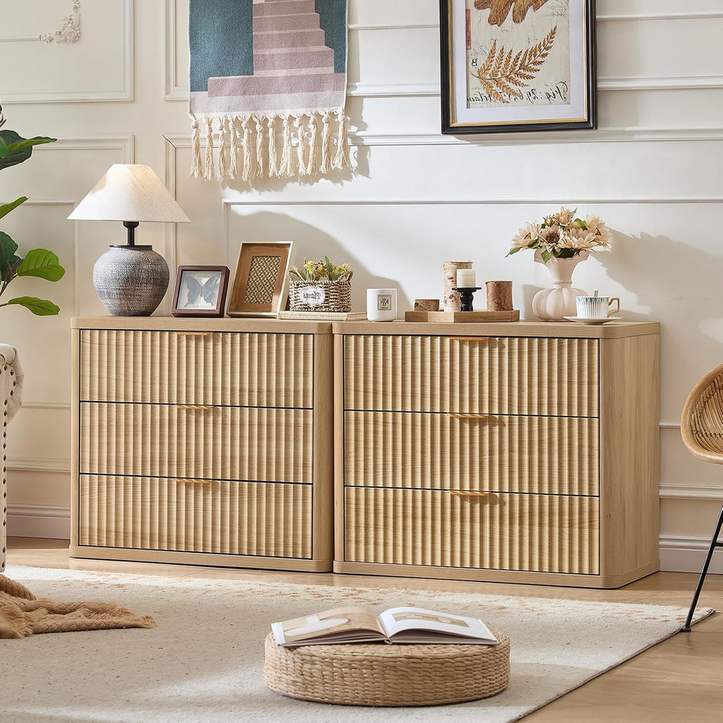 31" Wide Fluted Nightstand for Large Spaces, Oversized Extra 3 Drawers Night Stand, Wood Bedside Table, Tall Bed Side