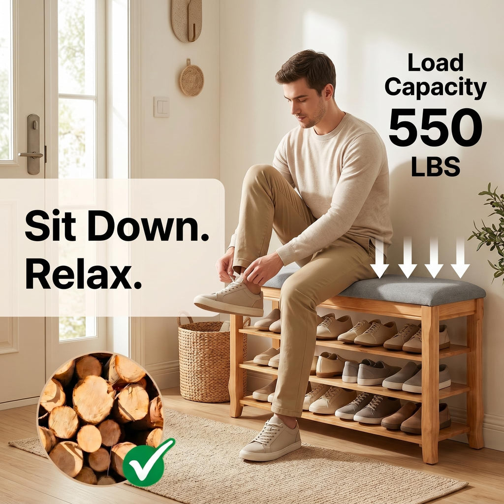 Solid Wood Shoe Bench, 39.4'' Shoe Rack Storage