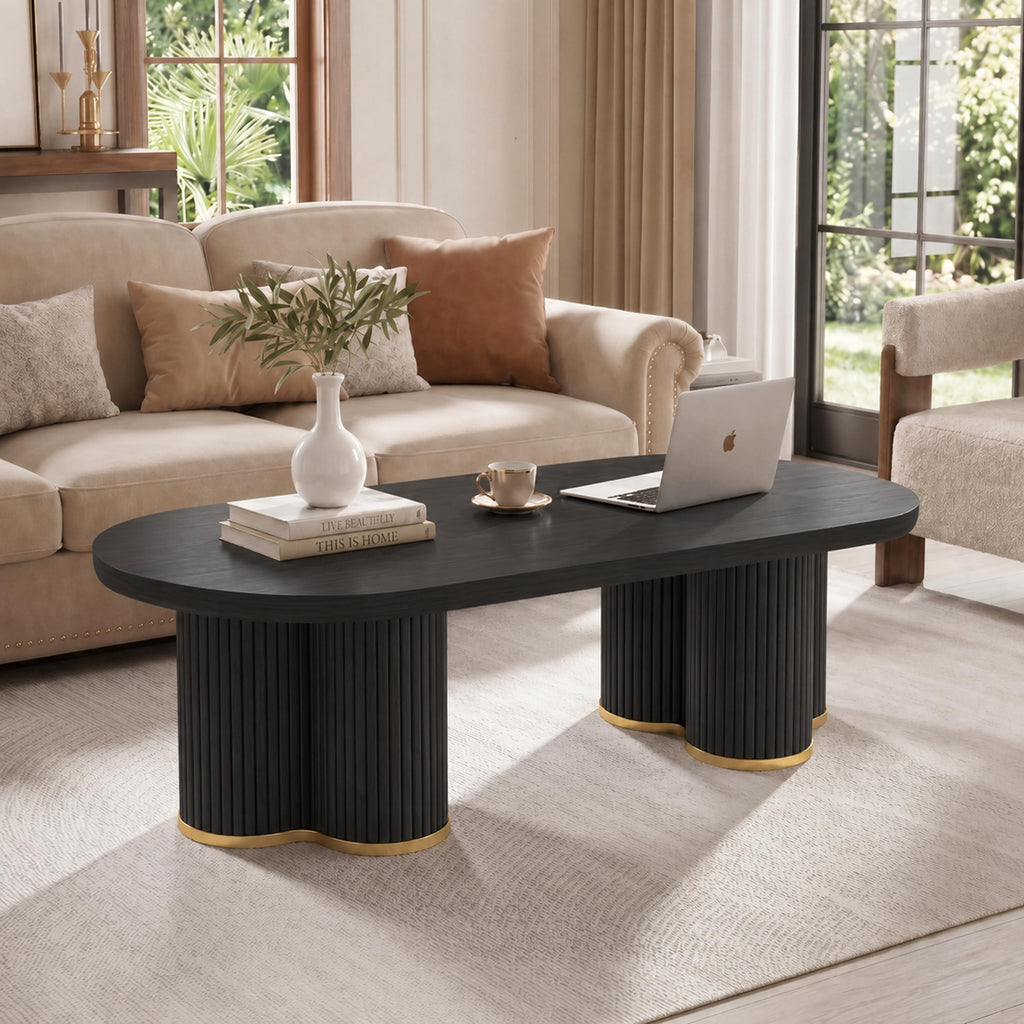Oval Fluted Coffee Tables, 47" Wood Coffee Table, Black