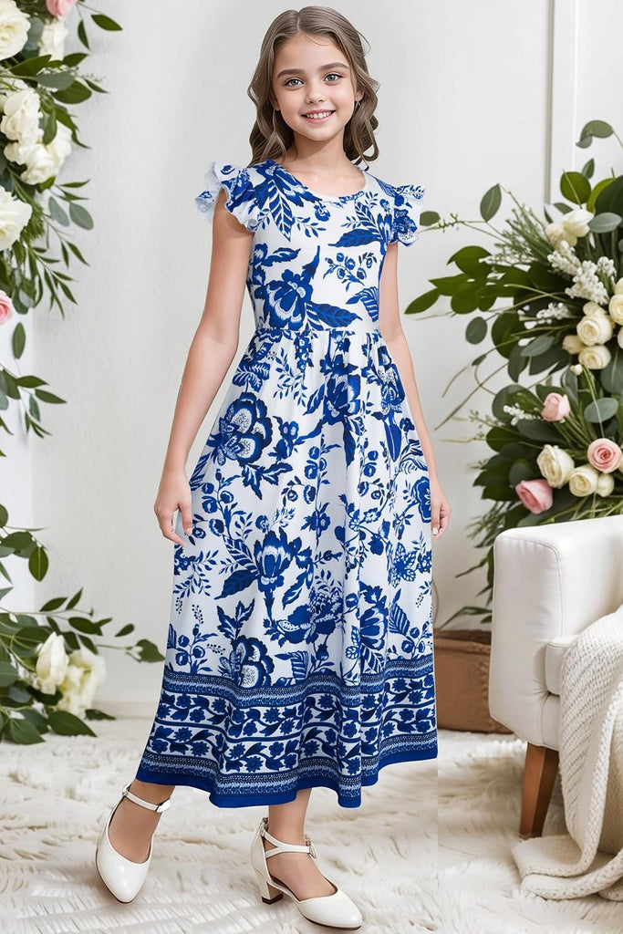 Girl's Summer Boho Floral Flutter Sleeve Casual Maxi Dress