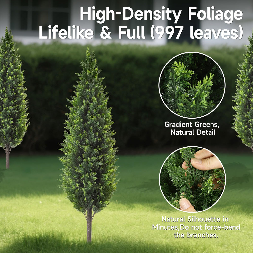 4FT Artificial Cedar Topiary Trees Set of 2 Detachable Planter & Spike, UV Resistant Outdoor and Indoor, Realistic Fake