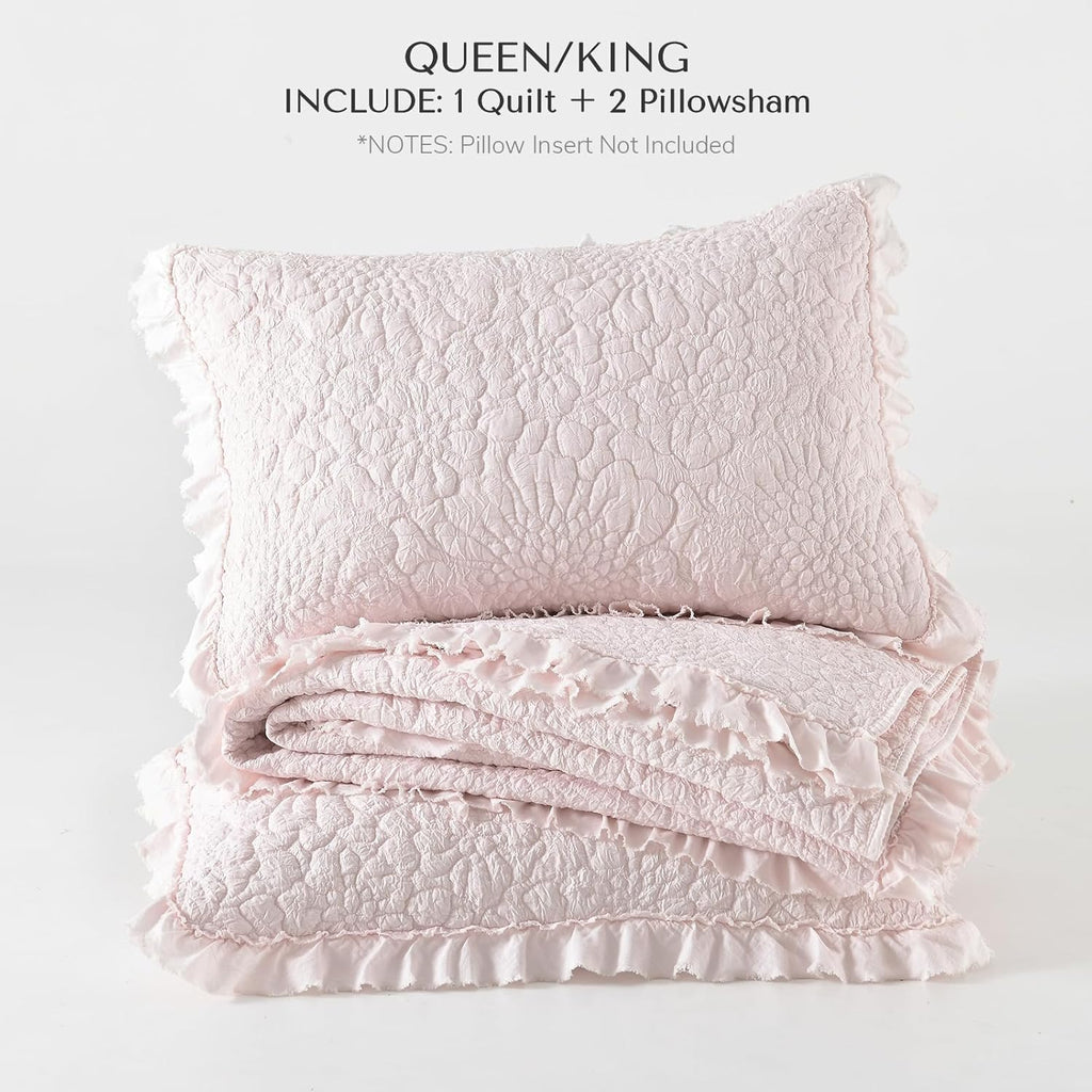 Pink Ruffled Quilt King, Stone-Washed Microfiber Lightweight Crinkled Farmhouse Rustic Shabby Chic Bedding Set, 3