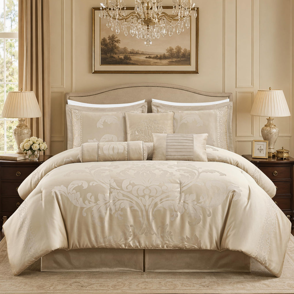Royale 7-Piece Jacquard Floral Comforter Set, Champagne