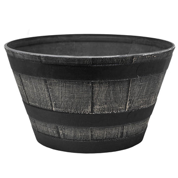 Timberline Rustic Barrel-Style Round Planter, 18in - Black, Wood-Inspired Finish for Outdoor Patio and Garden Spaces