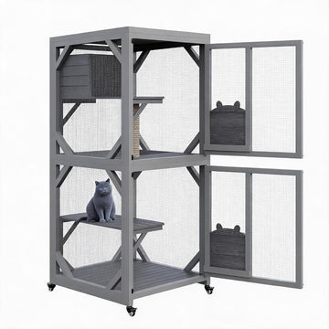 Outdoor Rolling Catio Cat Enclosure, 4-Tier Wooden Cat Cage