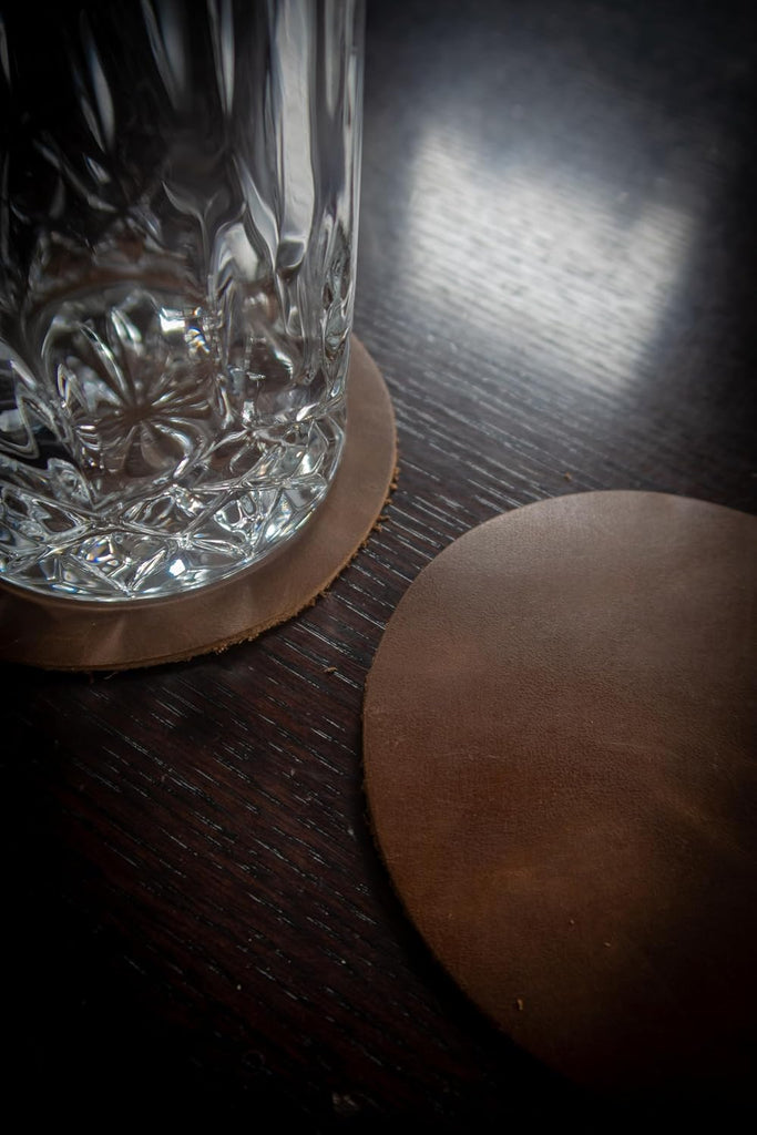 Real Natural Grain Leather Coasters - Durable Non-Slip (Luggage) Distressed Design for Table Protection - Set of 6